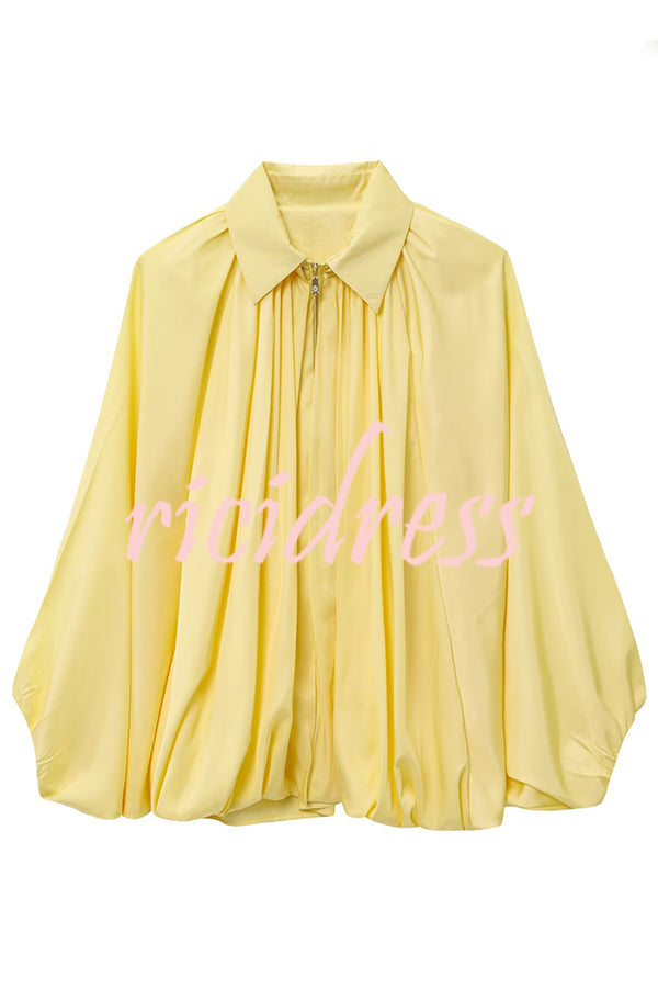Fashion Lapel Loose Puff Long Sleeve Casual Zipper Jacket