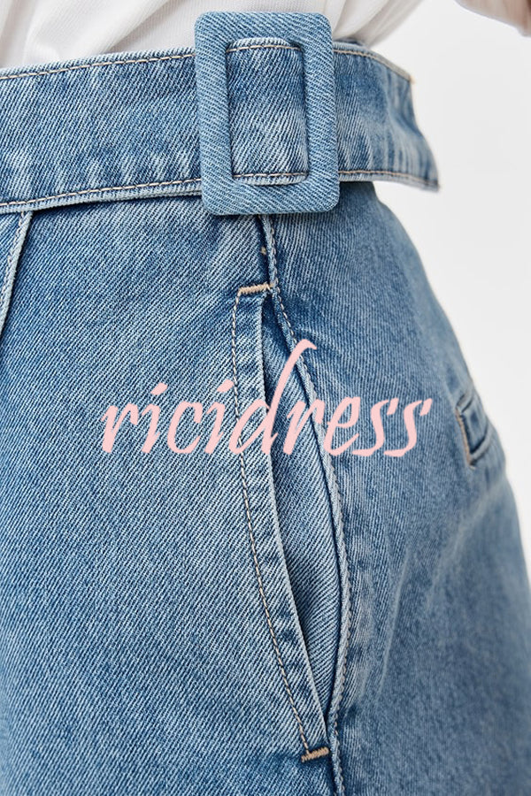 Fall for That Denim Faux Wrap Buckle Tie Pocketed Mini Shorts