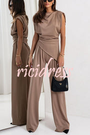 Jordy Ruched Shoulder Slit Top and Elastic Waist Pocketed Wide Leg Pants Set