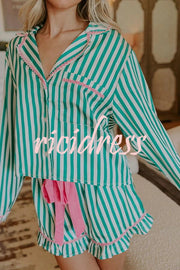 Merry and Bright Satin Striped Color-block Trim Loose Shirt and Elastic Waist Pocket Pajama Set