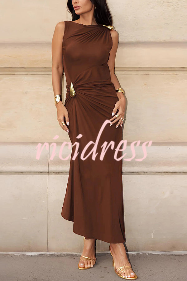 Fashionable Metallic Embellishments Pleated Sleeveless Slim-fit Maxi Dress