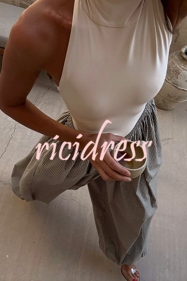 Fashion Plaid Print Elastic Waist Pocket Loose Wide-leg Pants