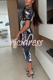 Unique Print V-Neck Puff Sleeve Slit Slim Midi Dress
