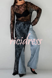 Sexy Openwork Lace Long-sleeved Asymmetrical Casual Top
