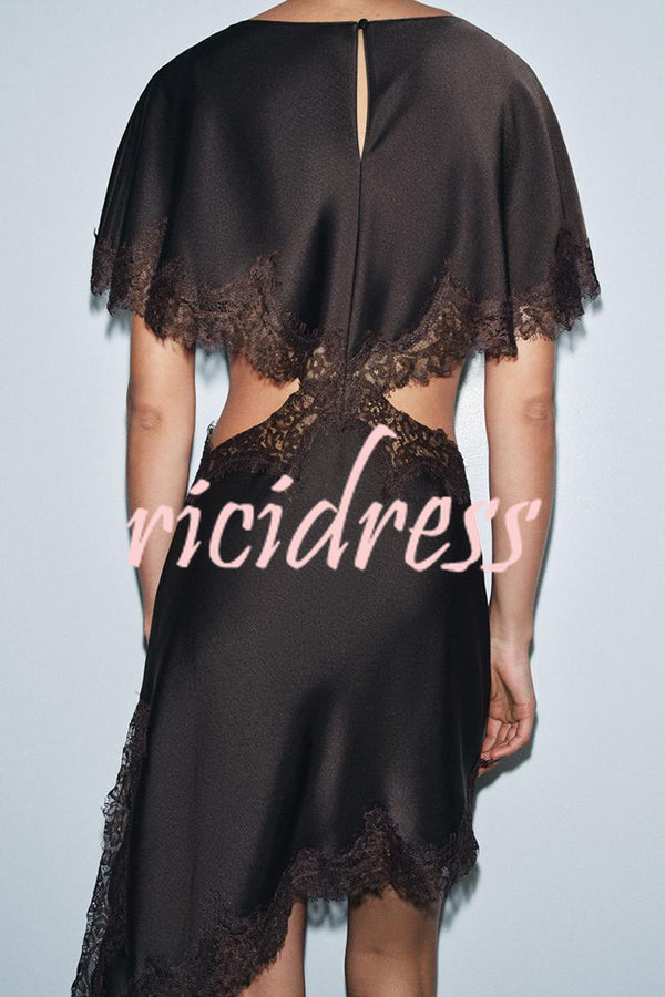 Jessica Satin Lace Trim Cape Sleeves Cutout Waist Asymmetrical Hem Midi Dress