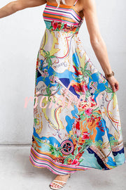 Satin Resort Print Sling Back Pleated Maxi Dress