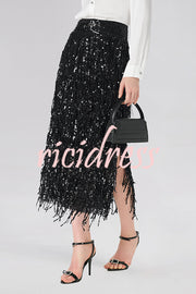 Evening Charm Layered Sequined Tassels High Rise Back Zipper Slit Midi Skirt