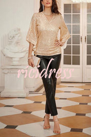 Solid Color Sequined V-neck Hollow Sleeve Slim Fit Top