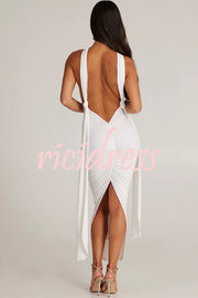 Fashionable and Sexy Deep V Backless Pleated Slit Maxi Dress