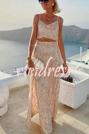 Evening Sky Tassel Sequin Cross Tank and High Rise Slit Maxi Skirt Set