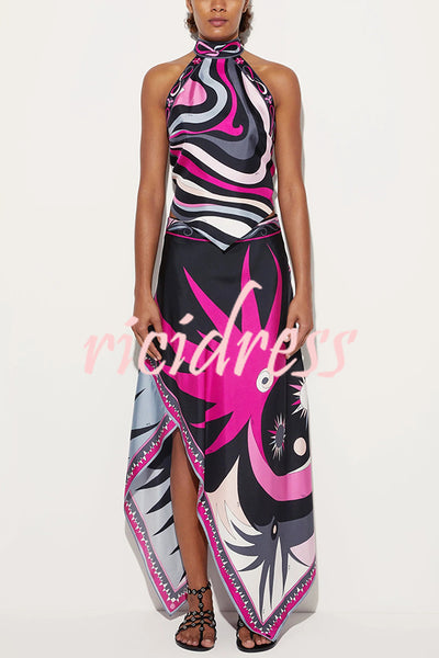 Satin Unique Print Halter Top and Irregular Midi Skirt Set