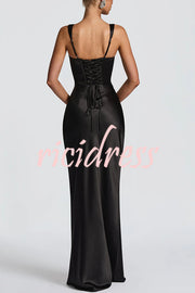 Calanthe Satin Square Neck Ruched Back Lace-up Drape Mesh Scarf Maxi Dress