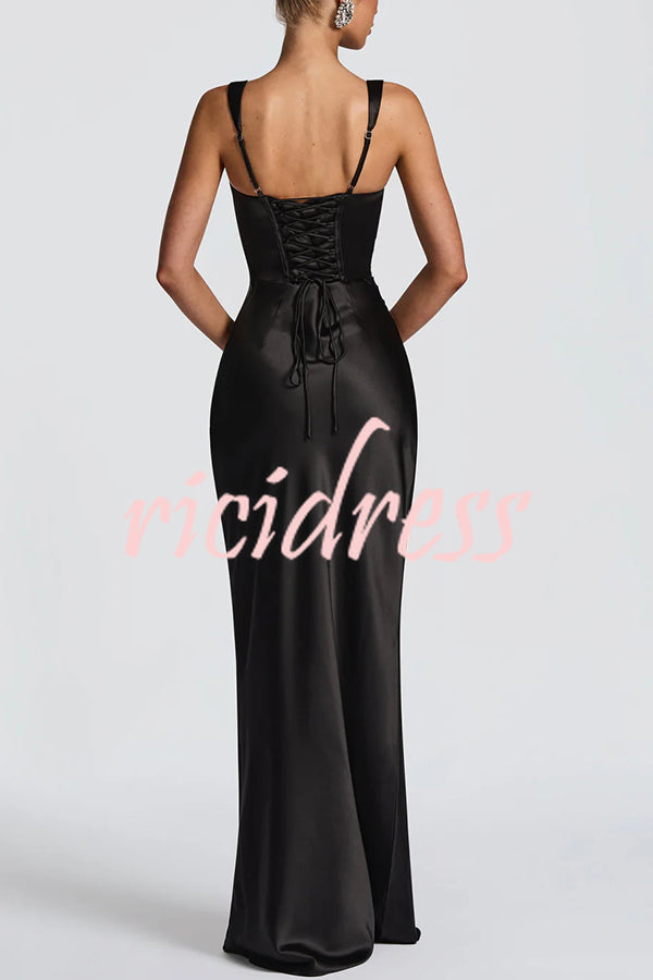 Calanthe Satin Square Neck Ruched Back Lace-up Drape Mesh Scarf Maxi Dress