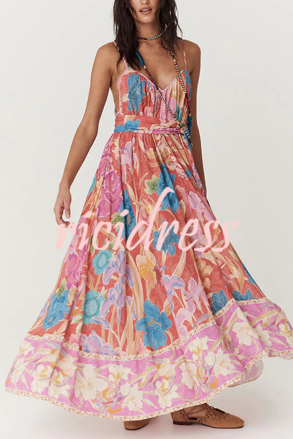 Painter's Garden Boho Floral Print Strappy A-line Maxi Dress