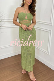 Avena Crochet Knit Cutout Waist Halter Texture Slit Maxi Dress