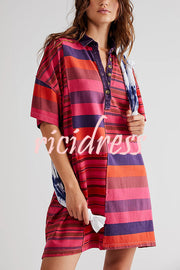 Contrast Striped Patchwork Denim Lapel Loose Casual Mini Dress