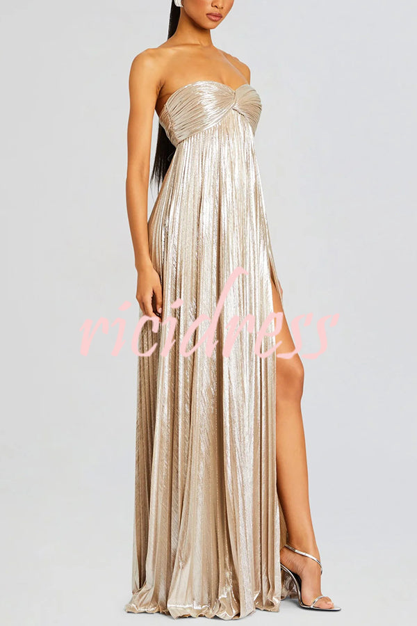 Metallic Sexy Tube Top Pleated High Slit Maxi Dress