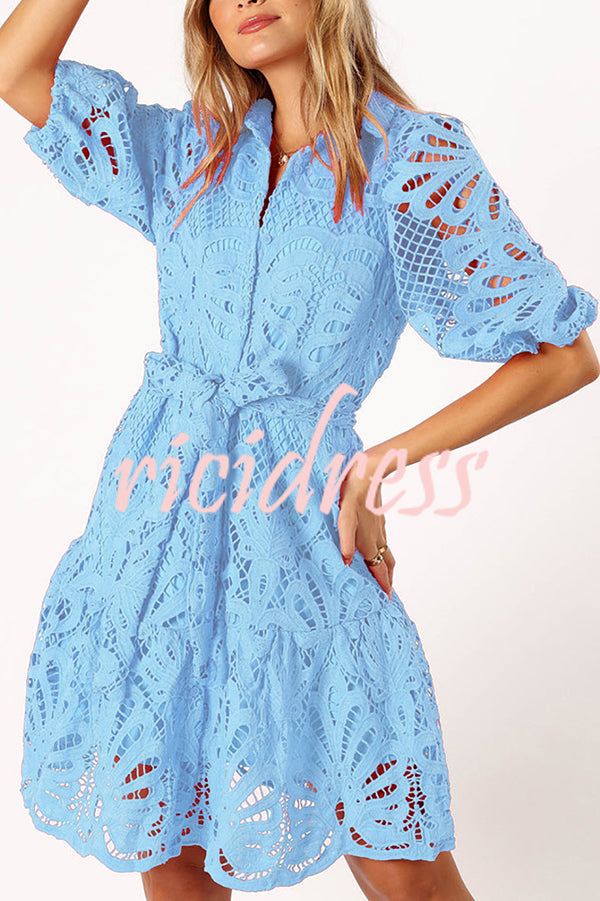 Solid Color Lace Cutout Balloon Sleeves and Waist Tie Mini Dress