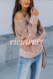 Knitted Striped Round Neck Dolman Sleeve Casual Loose Sweater