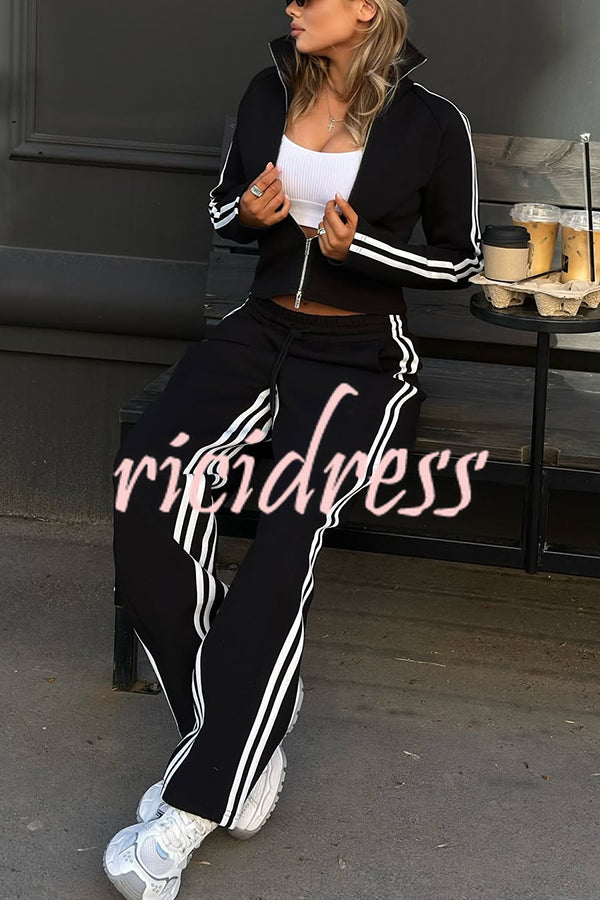 Fashionable Sports Style Striped Long-sleeved Jacket and Elastic Waist Casual Pants Set