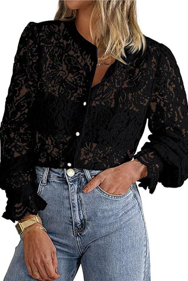 Fashionable Lace Long-sleeved Casual Button-down Shirt
