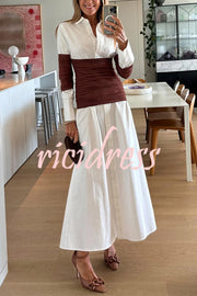 Fashionable Pleated Contrast Patchwork Waist Long Sleeve Button Shirt Maxi Dress