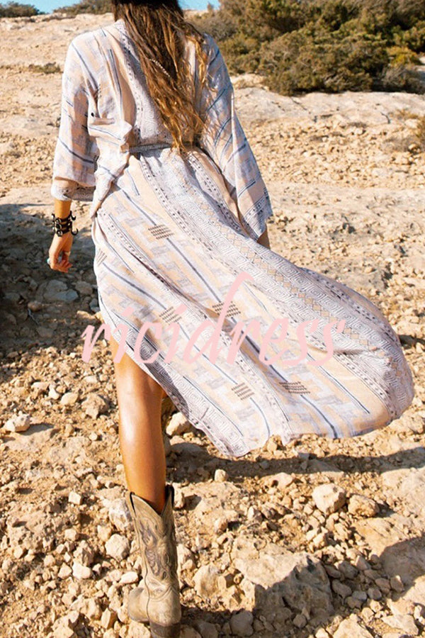Ethnic or Boho Style African Print Belted Kimono Maxi Cover Up
