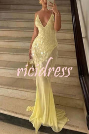 Perfect Night Sequin Embroidery Backless Drape Tulle Hem Slip Maxi Dress