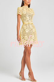 Champagne Toast Flower Lace Short Sleeve Bow Belted Mini Dress