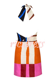 Jeniah Linen Blend Color Block Print Cross Halter Tie-up Loose Mini Dress