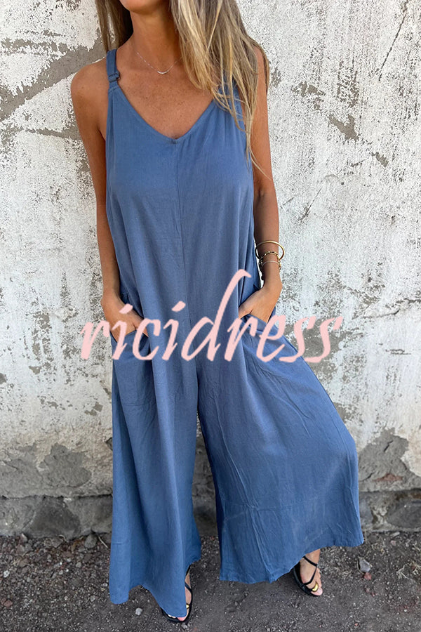 Linen Blend Solid Color Suspenders Loose Pockets Casual Wide-leg Jumpsuit