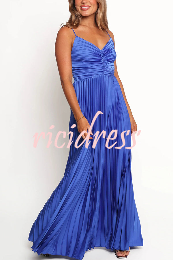 Catch The Light Satin Pleated V-neck Slip Maxi Dress