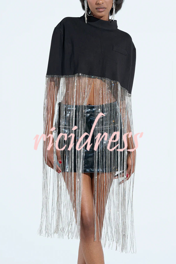 New Level Shiny Tassel Stand Neck Crop Cape Blouse