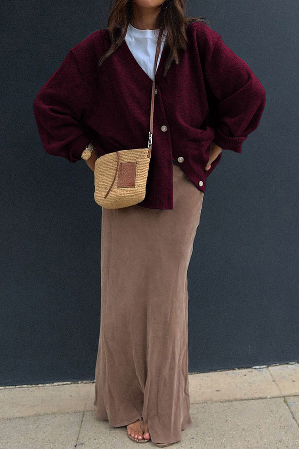 Solid Color V-Neck Button Casual Pocket Knit Cardigan