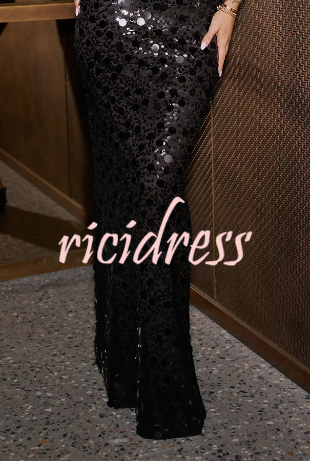 Twilight Muse Polka Dot Sequins Cape Sleeve Front Cutout Slit Maxi Dress