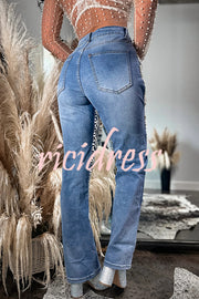 Stylish Multi-layered Pearl Chain Ripped Pocket Straight Jeans