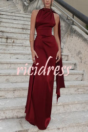 Solid Color Satin Elegant Sleeveless Waist Maxi Dress