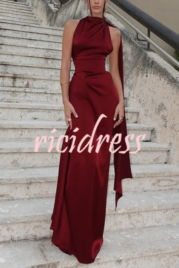 Solid Color Satin Elegant Sleeveless Waist Maxi Dress