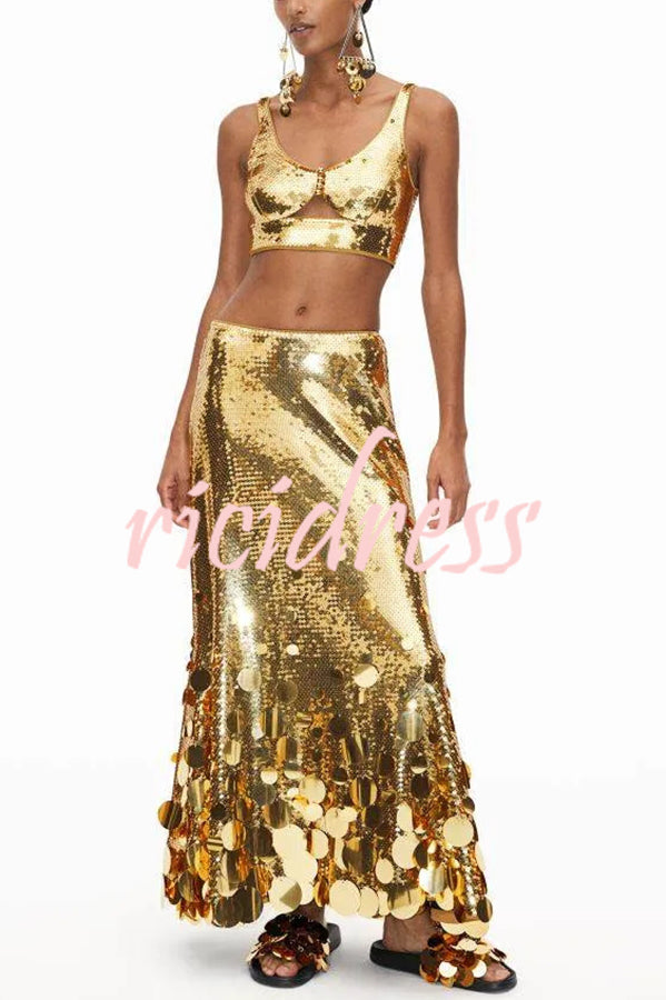 Party Sequin Button Crop Tank and Irregular Round Sequin Tassels Hem Maxi Skirt Set