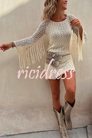 Ocean Romance knit Texture FabricHollow Out Tassel Sleeve Cover Up Mini Dress