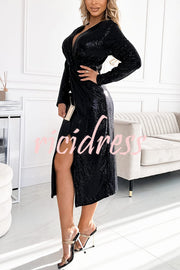 Coralia Sequin V-neck Long Sleeve Twist Waist Front Slit Midi Dress