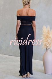Sexy Mesh Off-shoulder Slim Fit Ruffled Slit Maxi Dress