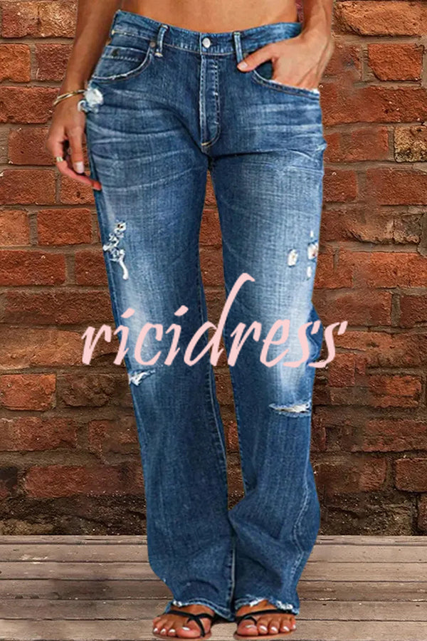 Vintage Washed Ripped Wide Leg Jeans