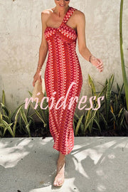 Colorful Zigzag Pattern Lace One-shoulder Slim Vacation Midi Dress