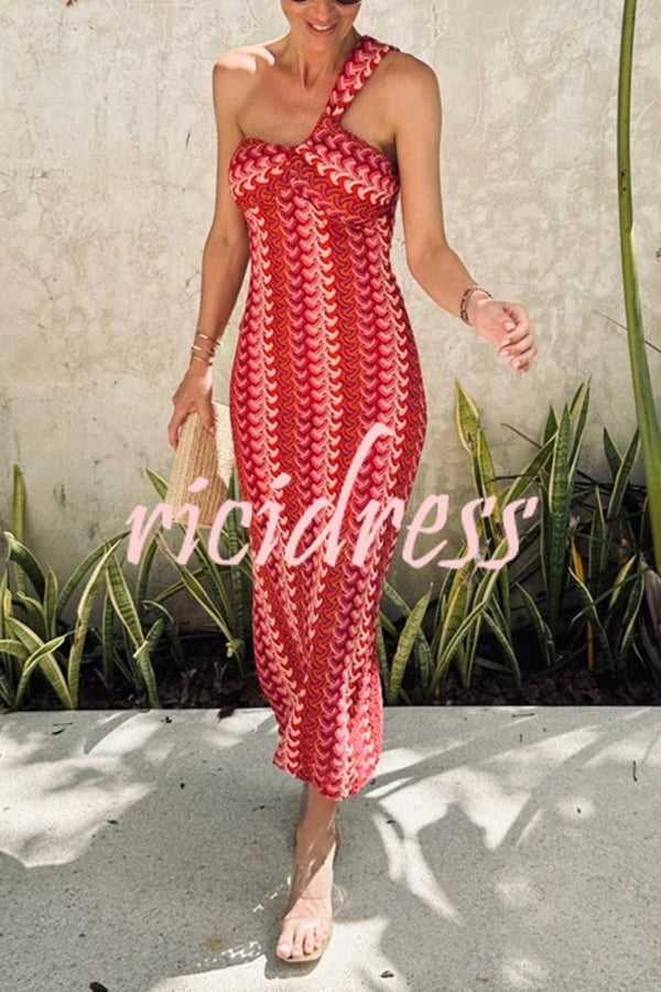 Colorful Zigzag Pattern Lace One-shoulder Slim Vacation Midi Dress