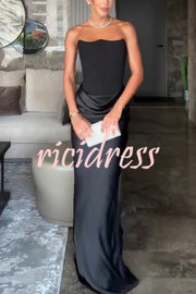 Attend The Gala Strapless Corset Satin Ruched Hip Drape Maxi Dress