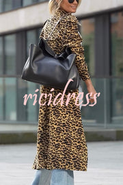 Be Free Velvet Leopard Print Long Sleeve Loose Midi Trench Coat