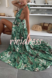 Amazon Scenery Unique Print Tie-up Cutout Waist Ring Halter Slit Maxi Dress