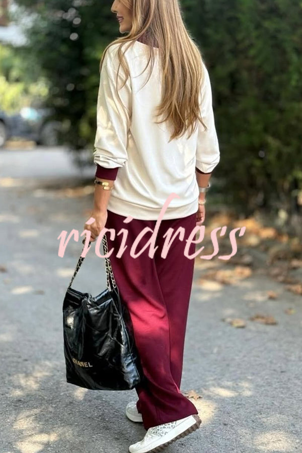 Stylish Color-blocked V-neck Knitted Button-down Cardigan and Elastic Waist Casual Wide-leg Pants Set