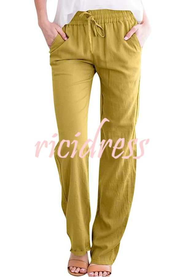 Soft Breathable Solid Color Drawstring Elastic Waist Long Straight Pants